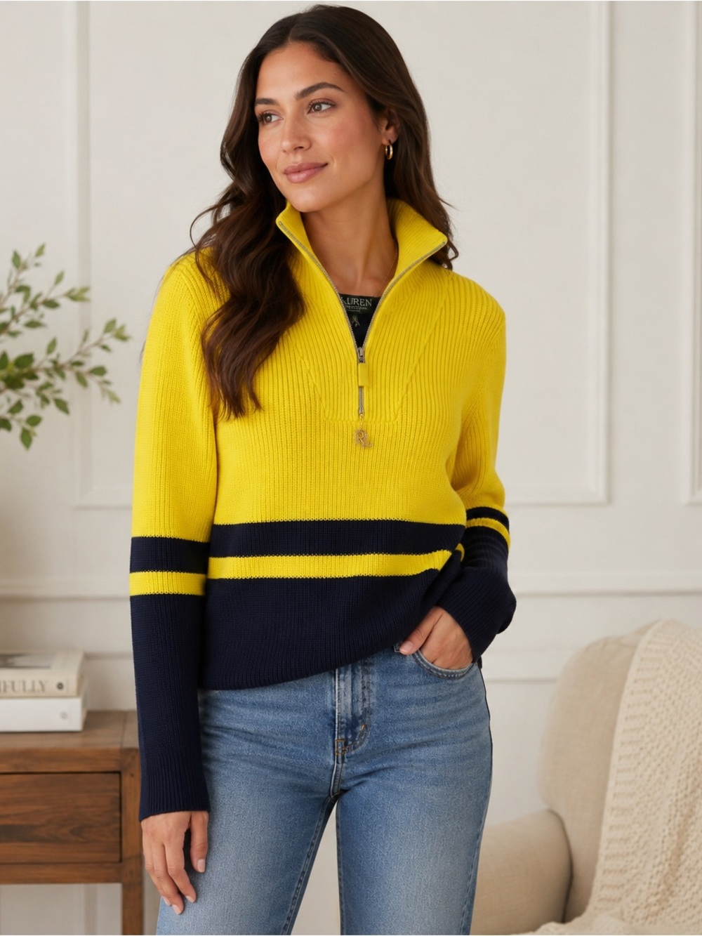 NWT Lauren Active Ralph Lauren Yellow Navy 1/4 Zip Knit Sweater Preppy Nautical